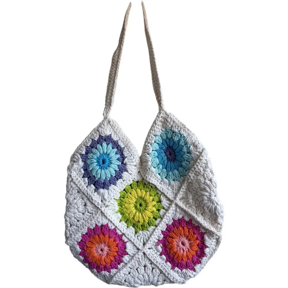 Handmade Granny Square Hobo Shoulder Tote Bag White with Colorful Floral Patten